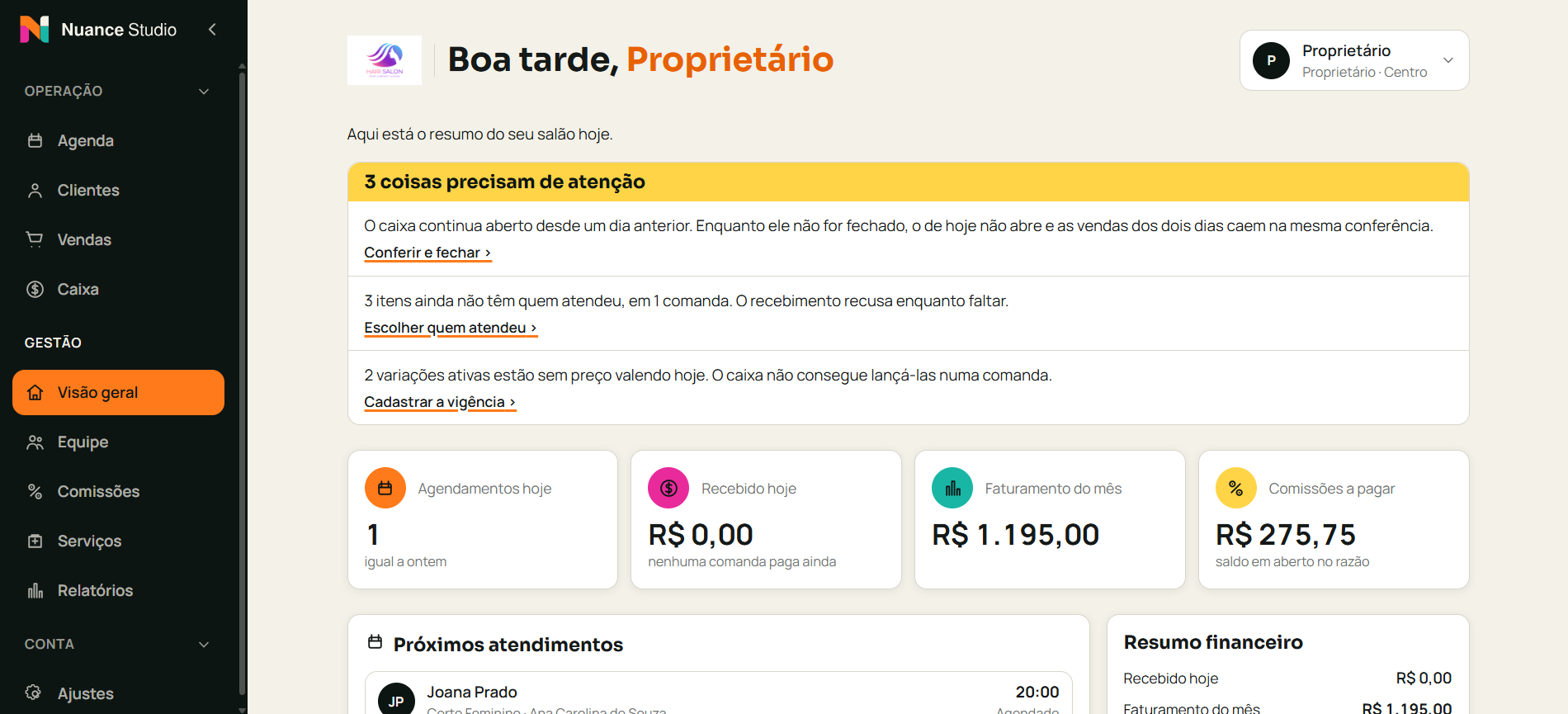 Tela real da visão geral com próximos atendimentos, resumo financeiro e pendências do salão de demonstração.